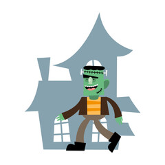 halloween frankenstein cartoon in front of house vector design