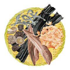 ザルに乗せた和風出汁の材料イラスト