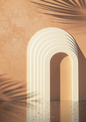 3d-rendering illustration for pack shot advertising. Shiny terrazzo podium, white arch elements and palm shadows. Tropic mockup for products showcase.