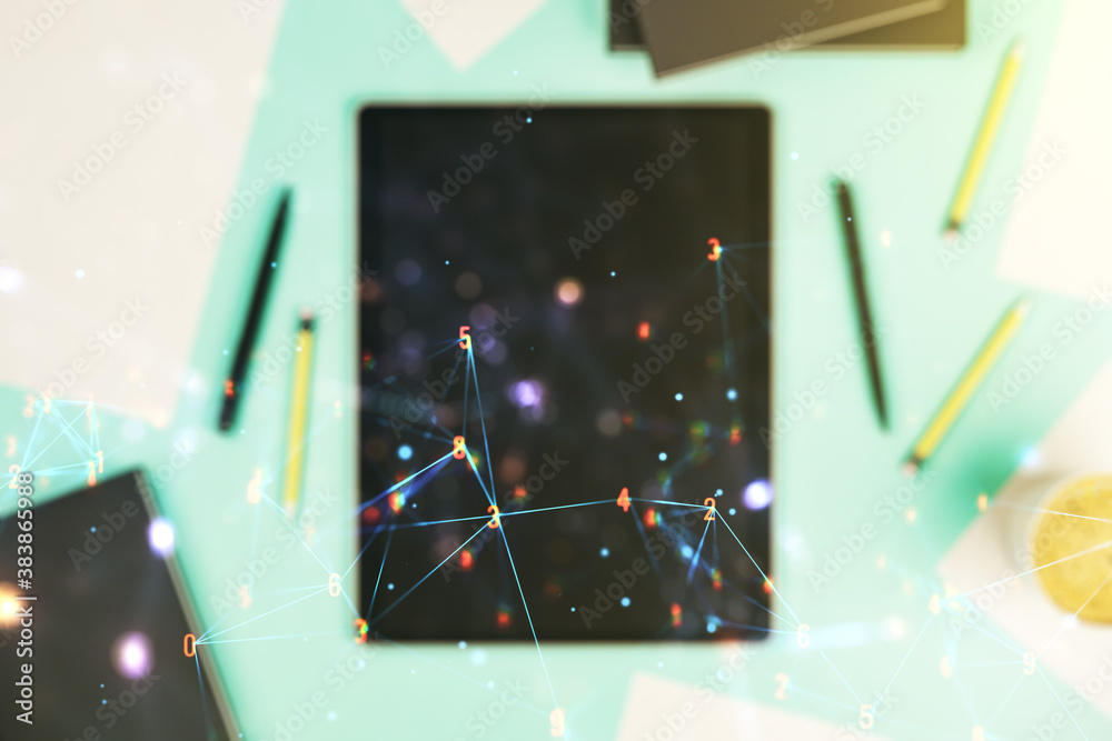 Poster Double exposure of technology hologram and digital tablet on background, top view. Research and development software concept