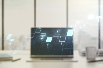 Double exposure of abstract creative financial chart on modern laptop background, research and strategy concept