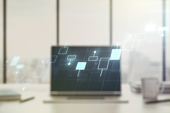 Double exposure of abstract creative financial chart on modern laptop background, research and strategy concept