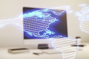 Double exposure of graphic America map on computer background, big data and digital technology concept
