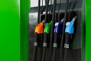 3d rendering scene of the colorful petrol pump filling nozzle on the green tank metal cover background.