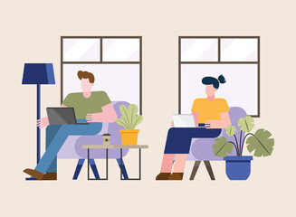 Man and woman with laptop working on chair from home vector design