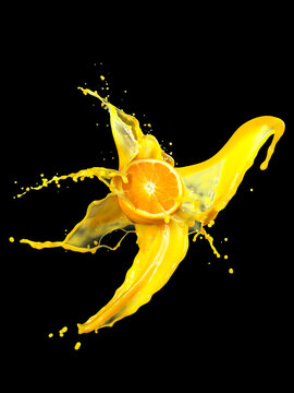 Orange in an orange juice splash against a black background