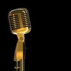 Fototapeta premium Polished Gold Professional Classic Microphone, Side View. 3D Render isolated on Black with Copy Space.