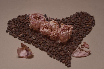 heart of nuts and rose petals on a pastel background