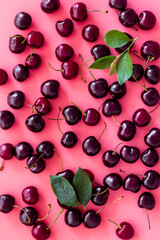 Fototapeta na wymiar Red sweet cherry texture or wallpaper. Flat lay of berries, top view