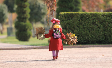 little girl in a red coat with autumn leaves