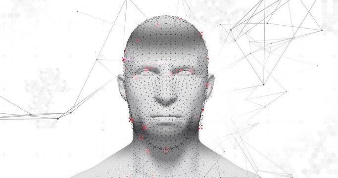 Human head model spinning against network of connections on white background