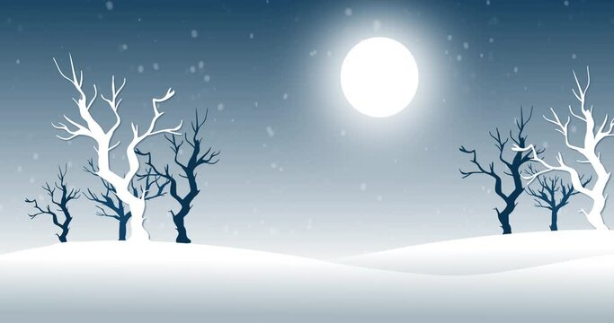 Snow falling against moon and trees in background