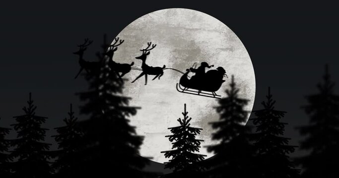 Silhouette of Santa Claus in sleigh being pulled by reindeers against moon