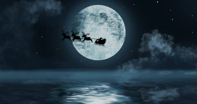 Silhouette of Santa Claus in sleigh being pulled by reindeers against moon