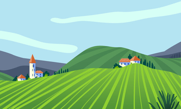 Rural Area Spring, Summer Landscape Panorama Flat Vector Illustration. Scenic Countryside Grassland Panoramic View. Green Pasture Field Scenery. Banner, Poster, Invitation Templates Collection.