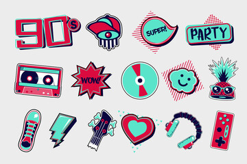 90s style vector icons. Funky signs set on isolated background. Cartoon vector illustrations. Party clip art.