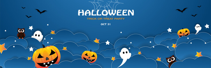 Happy Halloween banner or party invitation on blue background, Halloween with night clouds and pumpkins in paper cut style. Vector illustration. Full moon in the sky, spiders web and flying bats.