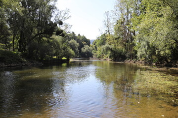 Nice view over a small quiet france river in a green forest area. Photo is taken on a sunny day in summer.