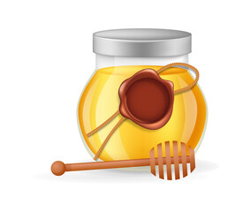 Honey product. Glass transparent jar with full of honey and wooden spoon dipper and vintage red seal wax stamp infographic on a light background vector
