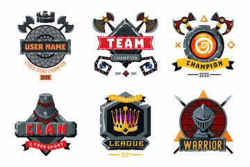 Game emblem set. Cyber sport team vector signs. Player club heraldic symbols. Fantasy antique shields and coats. Vector cartoon arms.