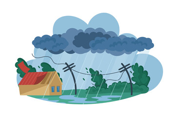 Natural disasters Tropical cyclones. Swirling tornado in village destroy houses, tropical rainstorm with strong wind breaks trees blows off roof of building. Huge wind, waterspout storm