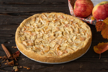 Homemade apple pie Charlotte from red and yellow apples. Still life on the theme of autumn,...