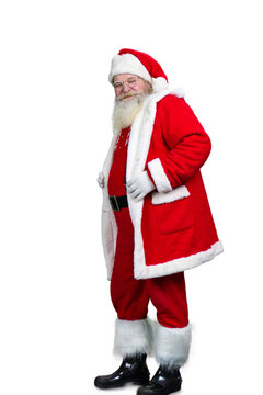 Santa Claus isolated on white background. Studio shot of happy bearded Santa Claus standing on white background. Realistic Santa Claus.