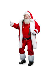 Funny Santa Claus, white background. Happy Santa Claus having fun isolated on white background. Amusing Santa Claus, studio shot.