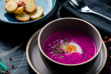 beetroot soup with egg and potatoes