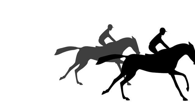 Silhouettes of jockeys on galloping race horses, animation on the white background