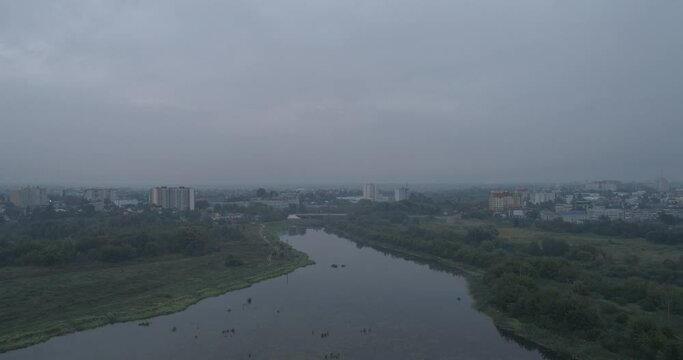 foggy morning. arieal view, city in europe