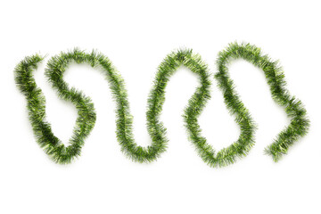 Christmas green tinsel isolated on white background.