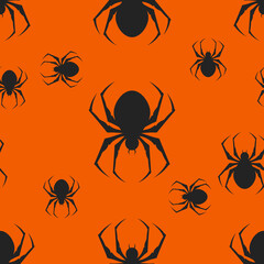 Spiders seamless pattern crawling on an orange background. Halloween concept. Flat style.