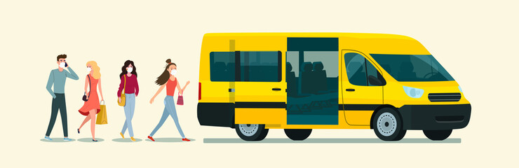 Passengers in a medical mask board a passenger van car. Vector flat style illustration. © lyudinka