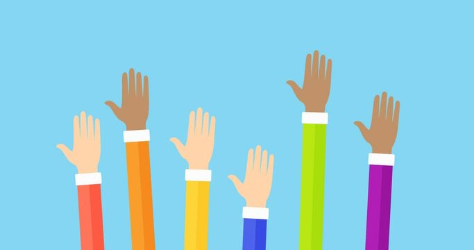 Raised voting hands in colors of the rainbow flag vector flat illustration