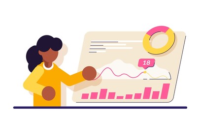 Business process management. Woman with a virtual monitor. Digital technology. Modern flat illustration.