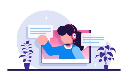 Online video chat. Internet talk, call technology. Video player window with speaking woman and messages. Modern flat iluustration.