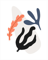 Abstract composition with tropical leaves and shapes. Vector hand drawn artwork for poster, card, interior, print, textile.