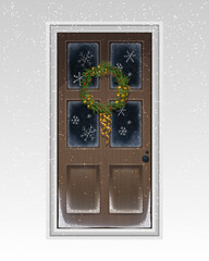 Brown-painted front door decorated with wreath from christmas tree, fir and gold serpentine. Christmas greeting card. Illustration for ad, poster, flier, blog, article, social media, marketing. Vector