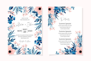 Wedding invitation card with blue pink floral watercolor