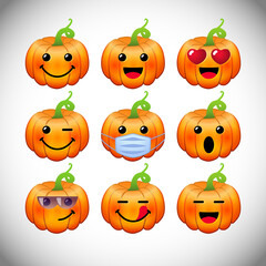 Set of positive pumpkin emoticons. Bright characters, 3D orange and yellow faces. Decorative web icons. Isolated abstract graphic design template. Online emoji collection. Autumn 2020, 2021 congrats.