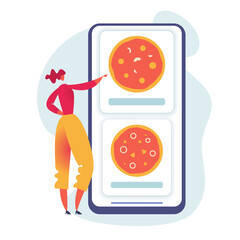 Girl Orders Pizza Online on a Large Smartphone. Vector Illustration of a Woman Buying on the Internet.