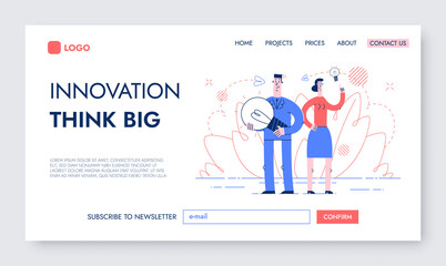 Business Solution and Innovation Landing Page. Vector Illustration of a Web Banner With a Man and a Woman with Bulbs above their Heads.