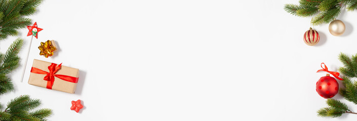 Christmas flat lay banner with copy space mockup. Present boxes and fir tree branches composition