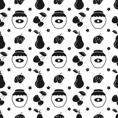 Seamless pattern of garden fruits, pear, cherry, strawberry and jam jar. Black silhouettes with white strokes on white background
