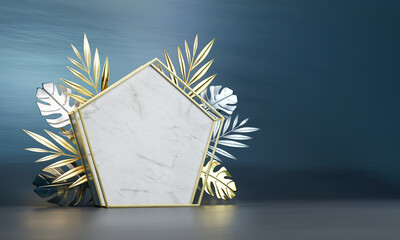 Abstract geometric Stone background decor by palm leaves.mockup scene for product, banner, presentation.