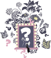 
An office worker (with a question mark representing their head) day dreaming of a more exciting creative life, with a background of flowers and butterflies.