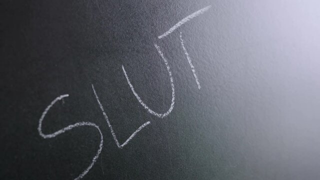 Bullying concept. Bully writing mean hate comment, insult and rumour on chalkboard and blackboard in school classroom. Sexual harassment. Student or teacher being bullied. Bad behavior.