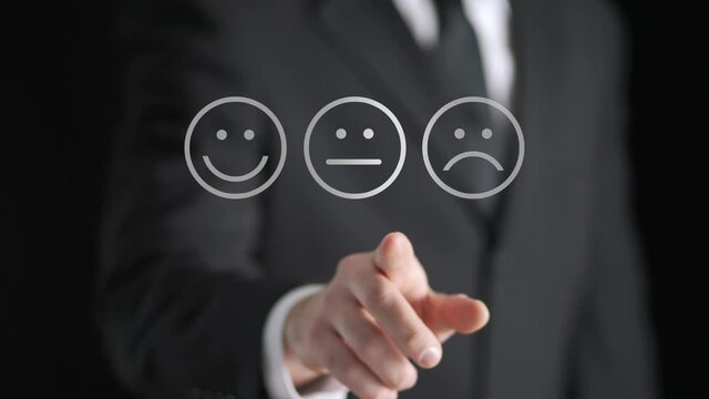 Survey, giving feedback, poll questionnaire and customer experience concept. Business man push digital touch screen to tell positive opinion, rating or review. Abstract smiley face technology.