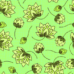 Seamless vector pattern with white flowers on green background. Floral textured wallpaper design with lily's. Simple soft fashion textile.